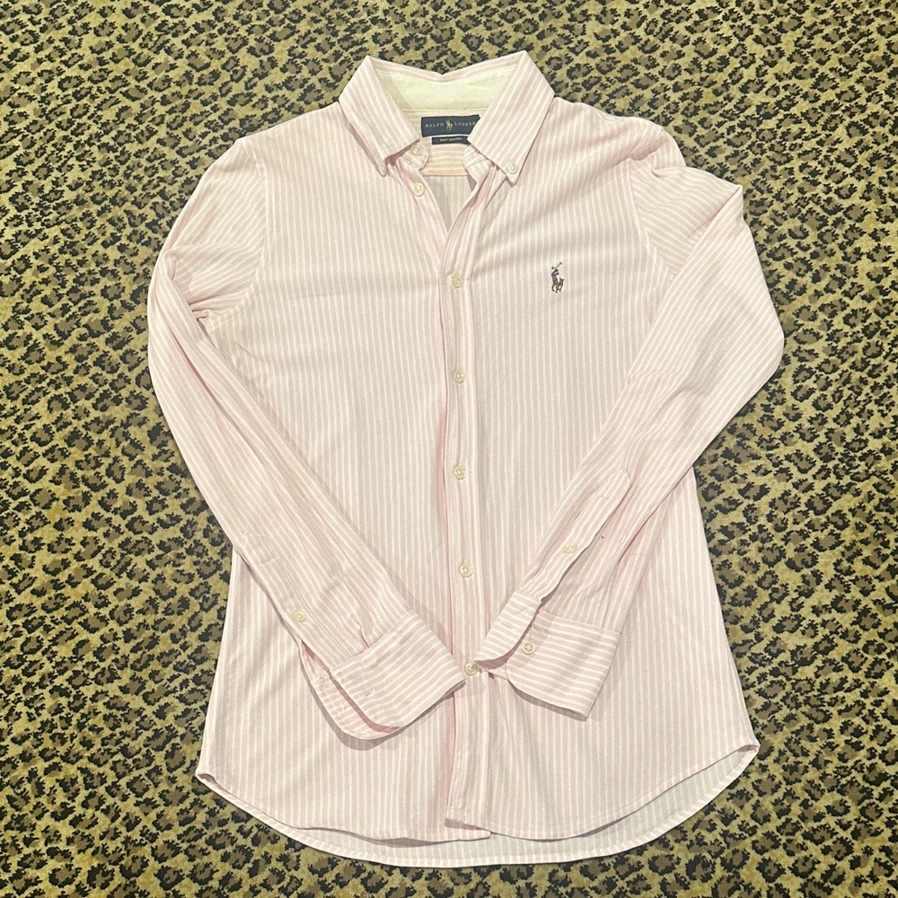 Ralph Lauren Knit Oxford Pink Striped Button-Up Shirt